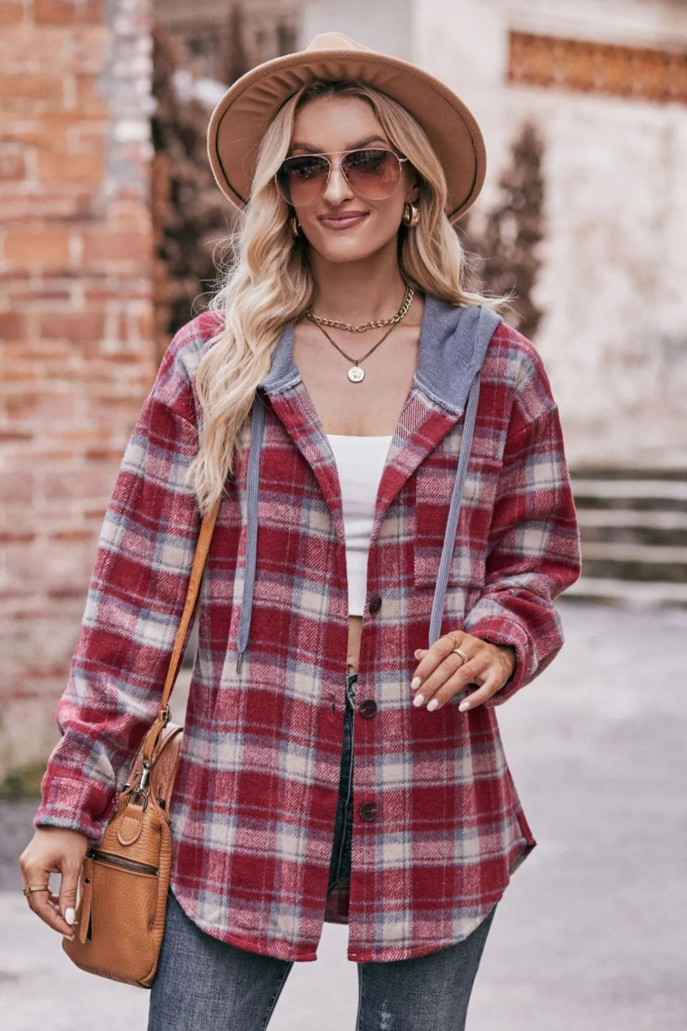 Plaid shacket, hoodie, drawstring, long sleeve, drop shoulder, buttoned, front patch pocket, pleated and buttoned cuffs, rounded hem, unlined, lightweight, no stretch, front view