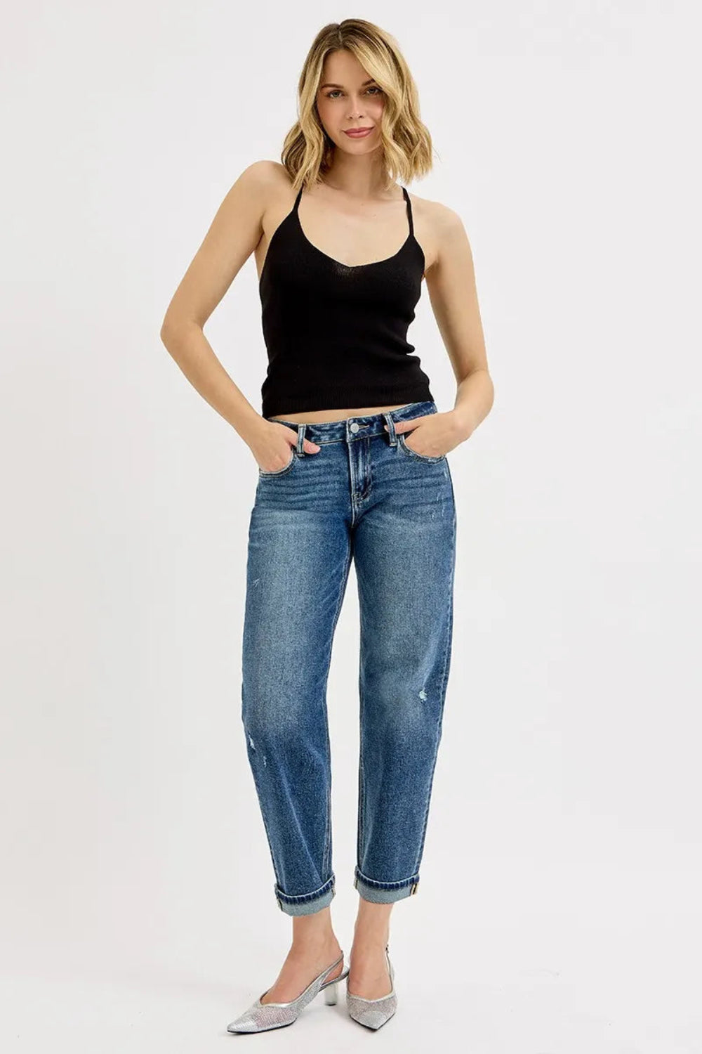 Risen Jeans, full-size, low-rise, vintage medium blue wash, straight leg, cropped, boyfriend fit, distressed details, pocketed, button and zipper closure, slightly stretchy front view