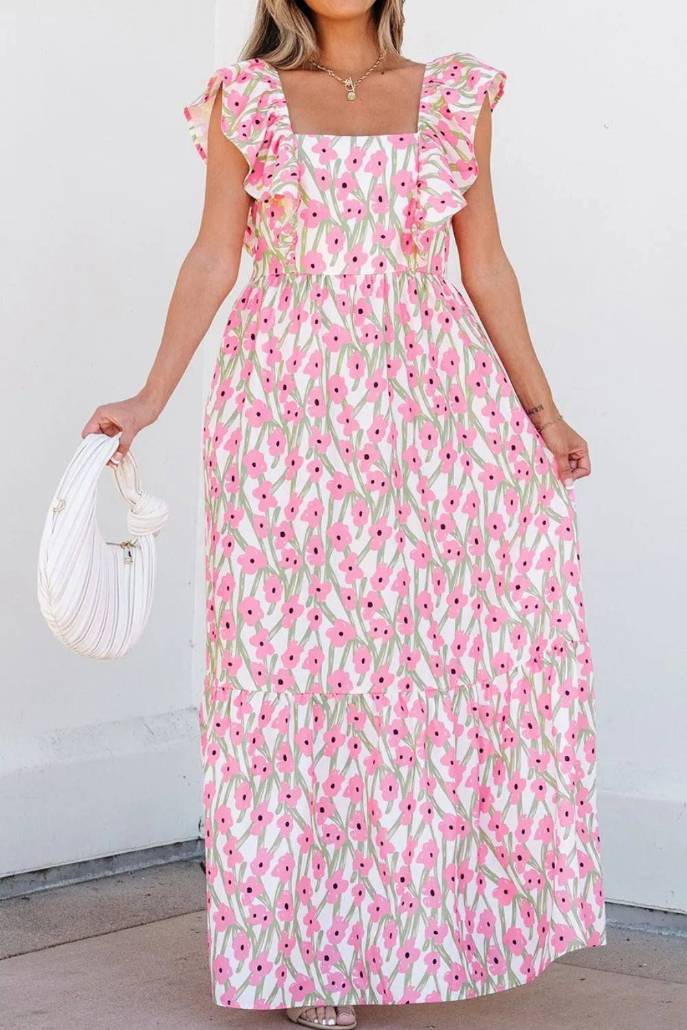 Maxi dress, floral print, sleeveless, ruffled straps, square neck, tiered, opaque, unlined, pocketed, no elasticity front view

