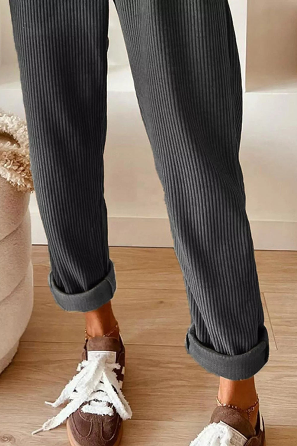 Pants, corduroy, drawstring, pocketed, elastic waist, high-rise, straight leg, no stretch, front bottom view