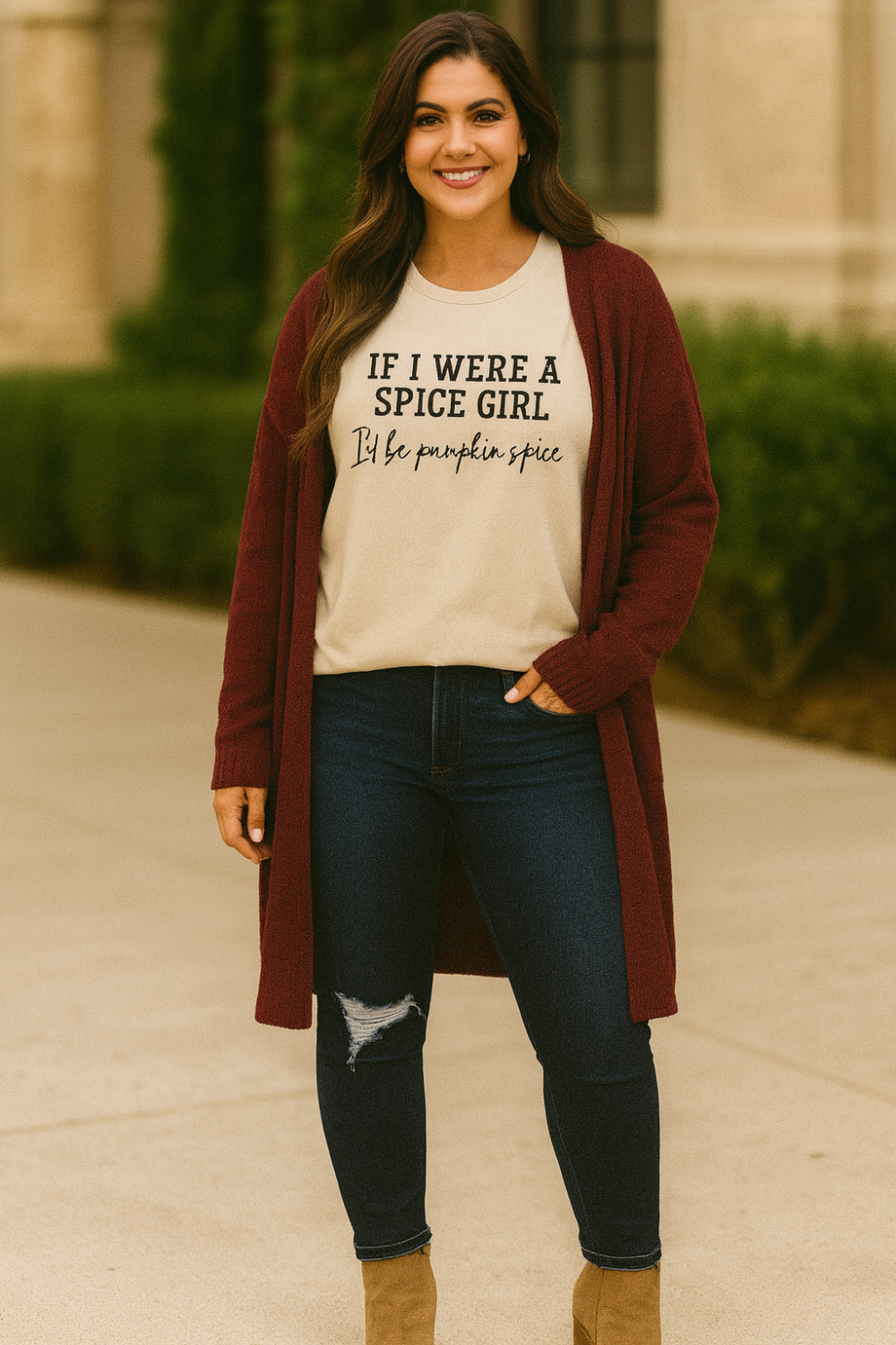 graphic t-shirt, short sleeve, pullover, round neck, long, slightly stretchy, front view