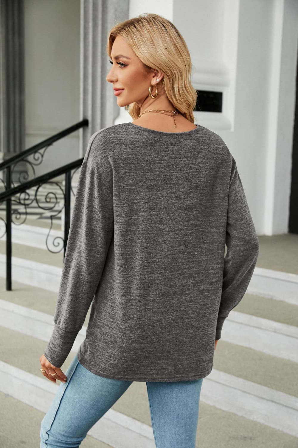 t-shirt, pullover, long sleeve, v-neck, opaque, slightly stretchy, back view