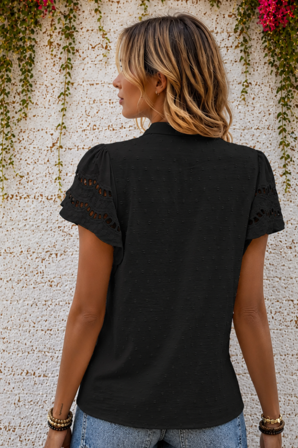 * Notch neck
* Flutter sleeve
* Buttoned
* Cutout
* Swiss dot
* Textured
* Round hem
* No stretch
