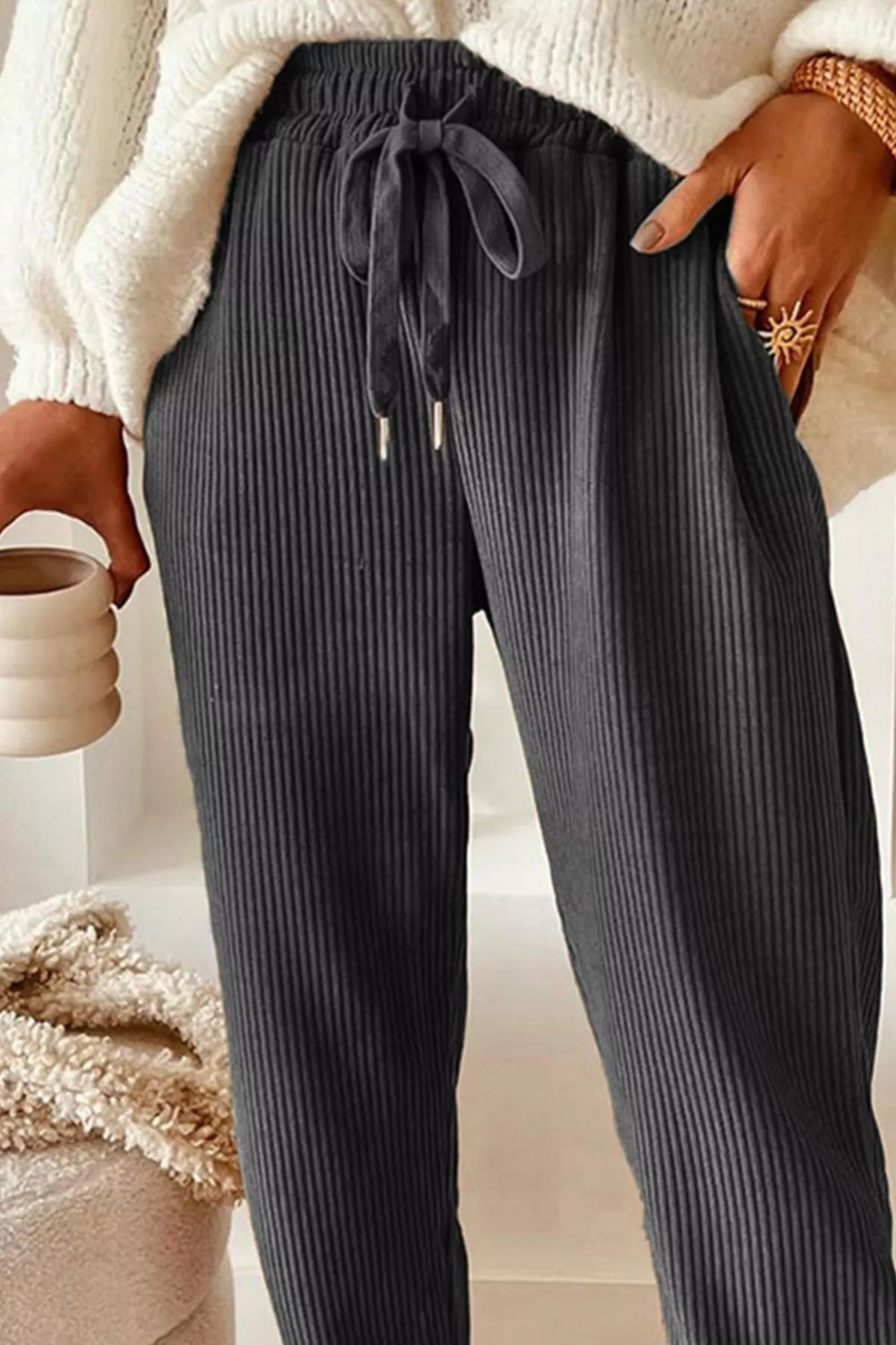 Pants, corduroy, drawstring, pocketed, elastic waist, high-rise, straight leg, no stretch, front view close up