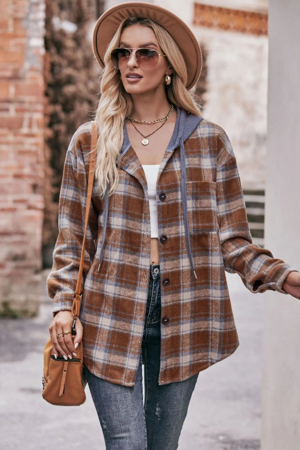 Plaid shacket, hoodie, drawstring, long sleeve, drop shoulder, buttoned, front patch pocket, pleated and buttoned cuffs, rounded hem, unlined, lightweight, no stretch, front view