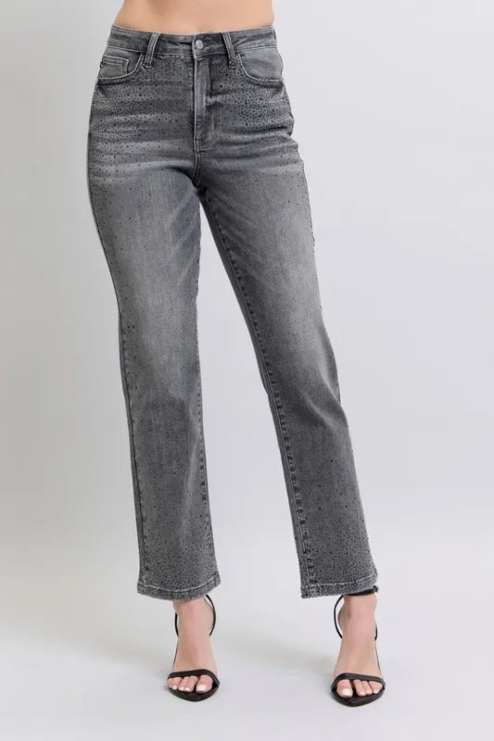 Judy Blue Jeans, full-size, high-rise, rhinestone embellishments, button and zipper closure, pocketed, slightly stretchy, front view
