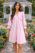 * Mini dress
* Notched neck
* 3/4 sleeves
* Buttoned
* Unlined
* Striped
* No stretch