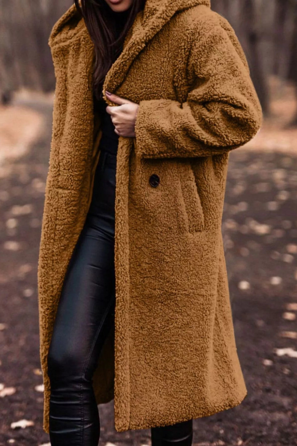 coat, longline, lined, hooded, buttoned, pocketed, thick, oversized, slightly stretchy, front view
