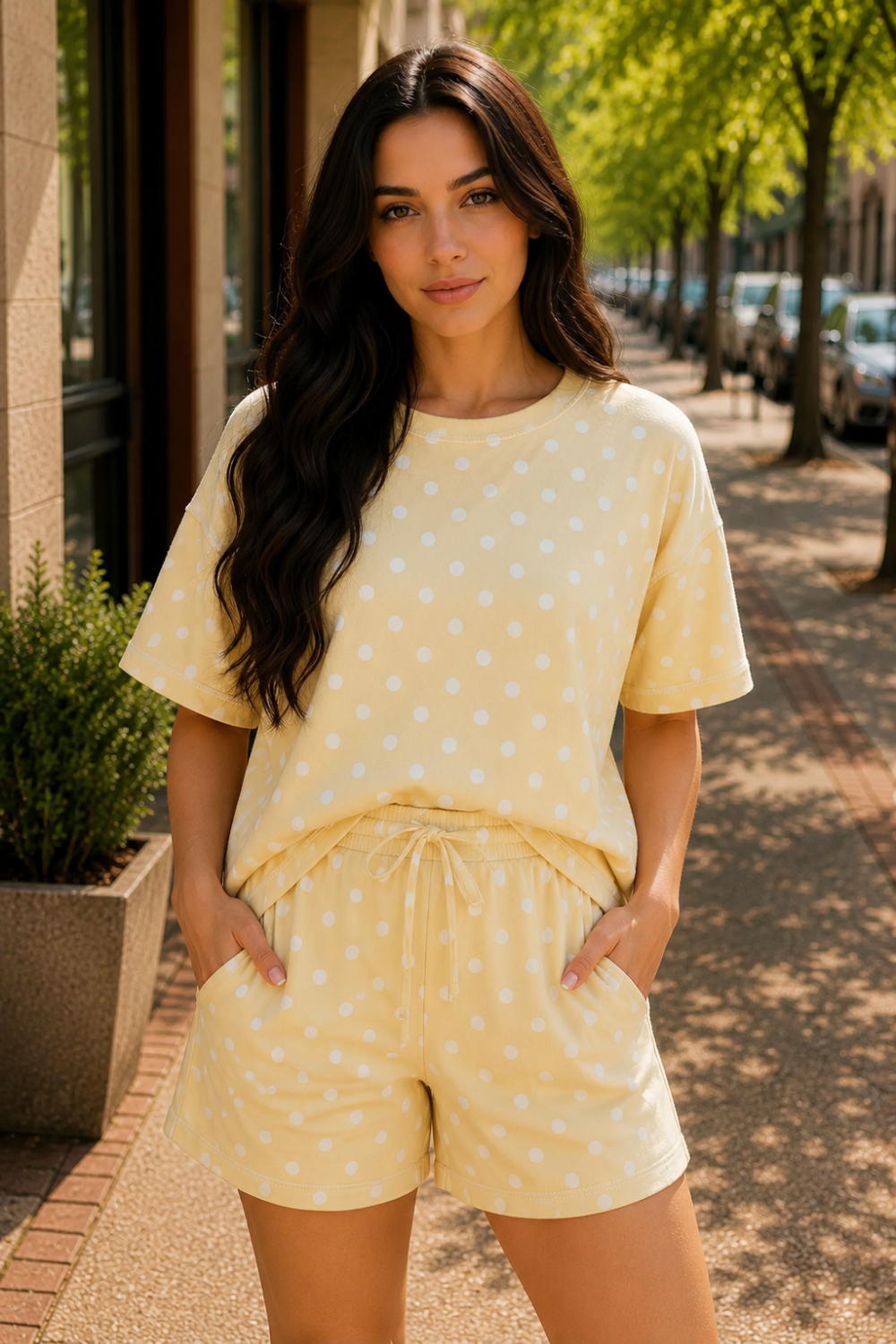 * Two-piece set
* Round neck
* Drop shoulder
* Half sleeve
* Exposed seam
* Drawstring waist
* Slightly stretchy