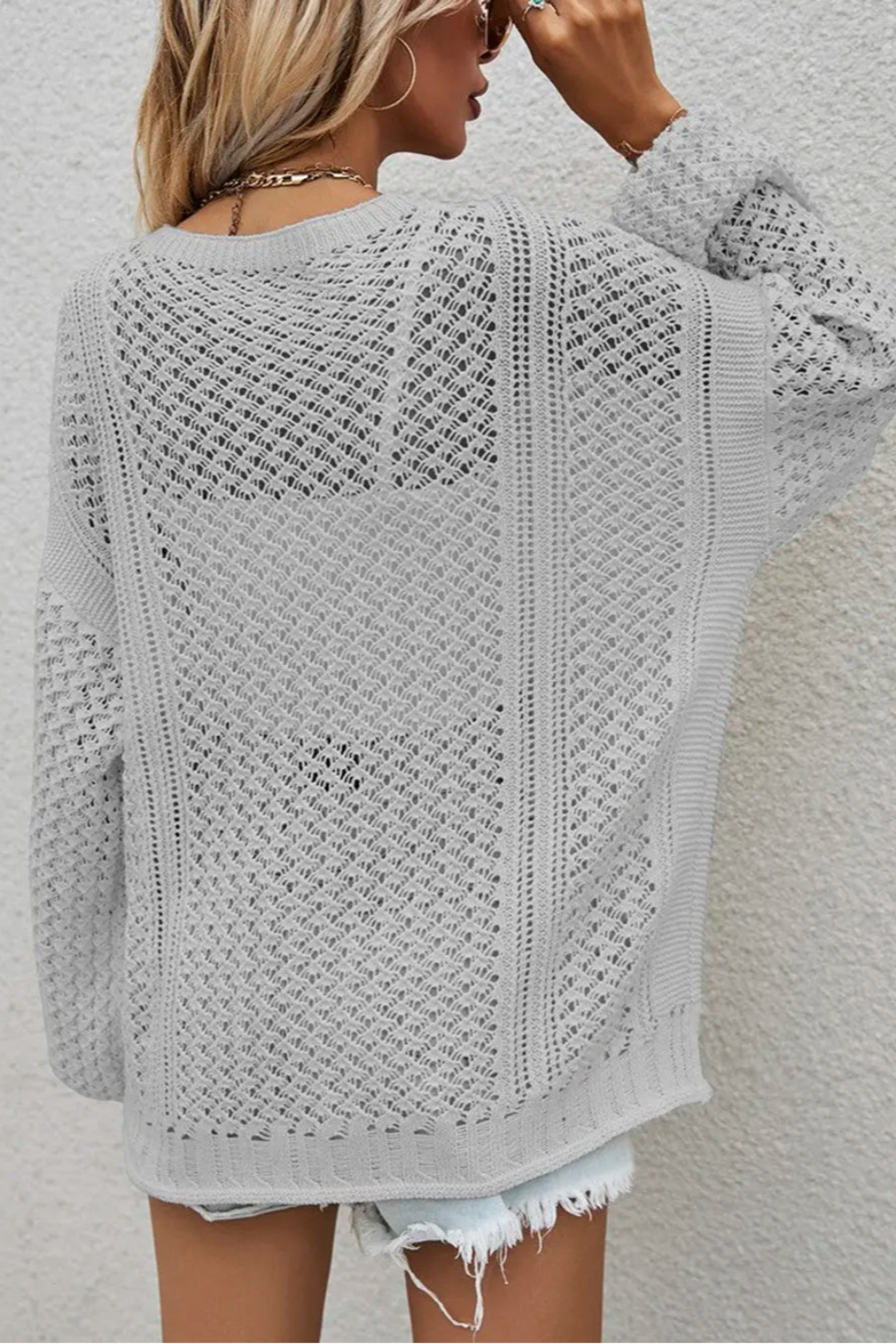 Cardigan, long sleeve, openwork, buttoned, oversized, drop shoulder, stretchy back view