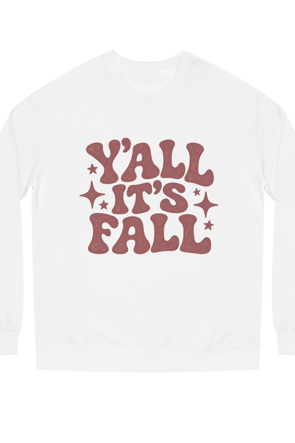 Y’all It’s Fall Graphic Sweatshirt in cream with muted red wavy lettering and star accents, shown from the front close up.