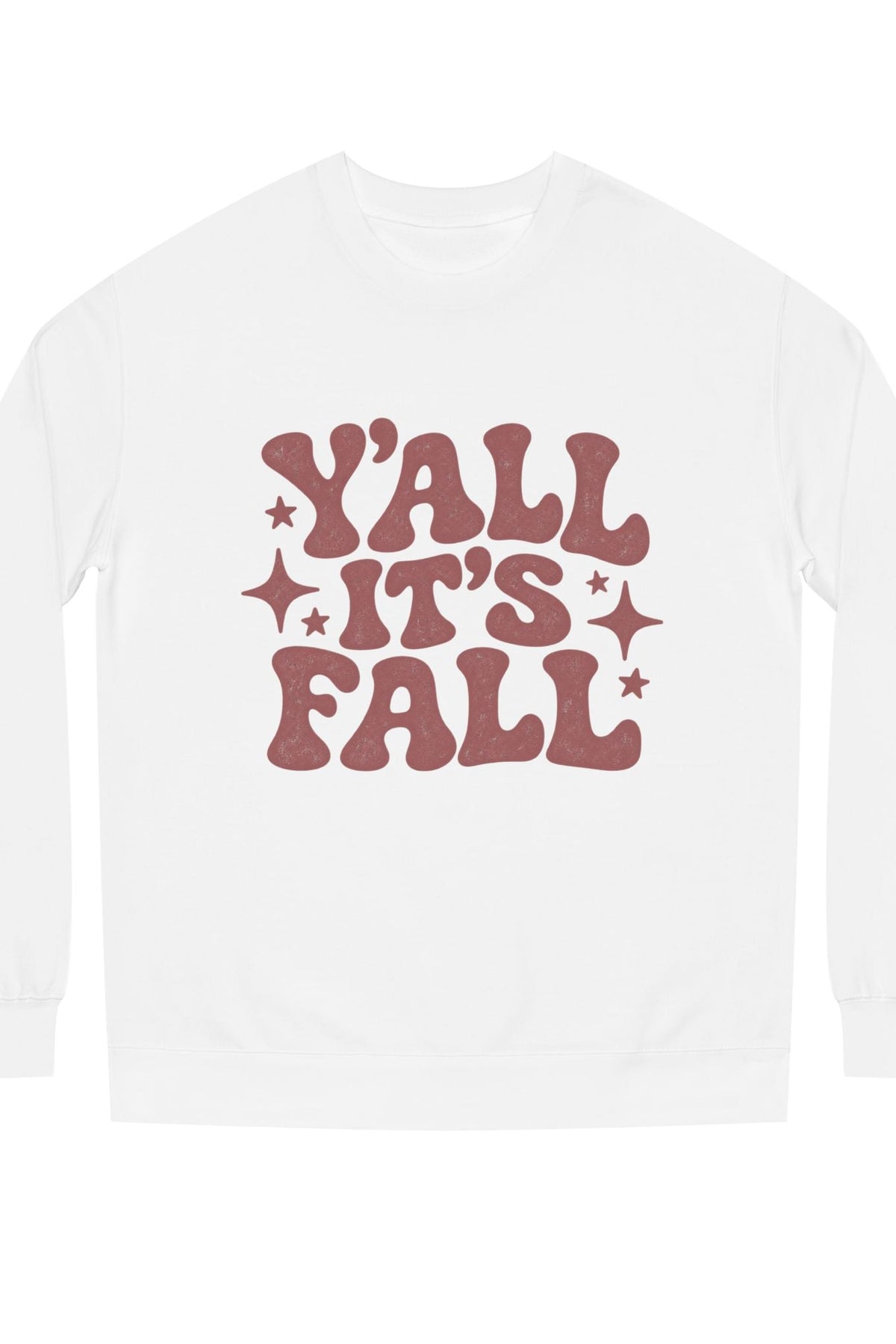 Y’all It’s Fall Graphic Sweatshirt in cream with muted red wavy lettering and star accents, shown from the front close up.