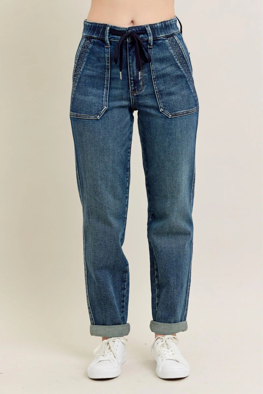 Judy Blue Jeans, full-size, high-rise, vintage wash, front patch pockets, back pockets, boyfriend fit,slightly stretchy front view 