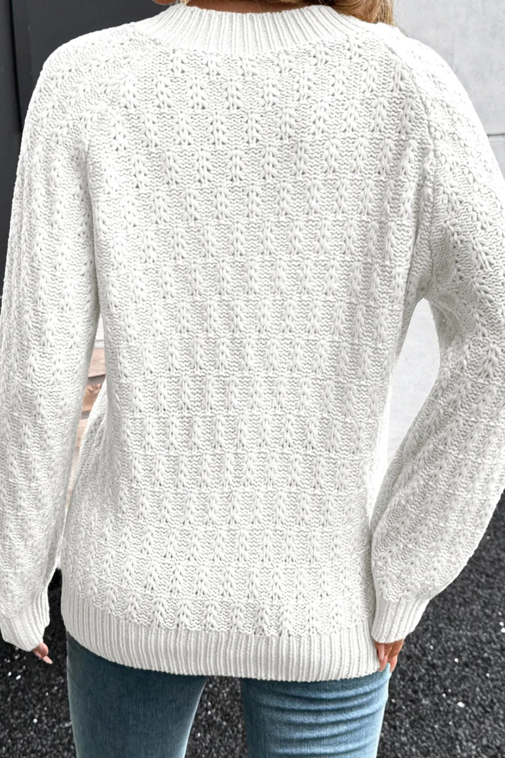 Sweater, pullover, long sleeve, ribbed edges, textured knit, v-neck, eyelet, loose fit, close up view