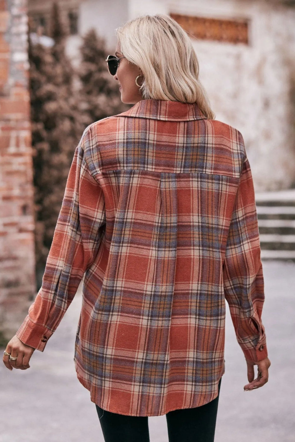 Long sleeve shirt, plaid, collared, pocketed, buttoned, oversized, drop shoulder, no stretch, many colors, back view