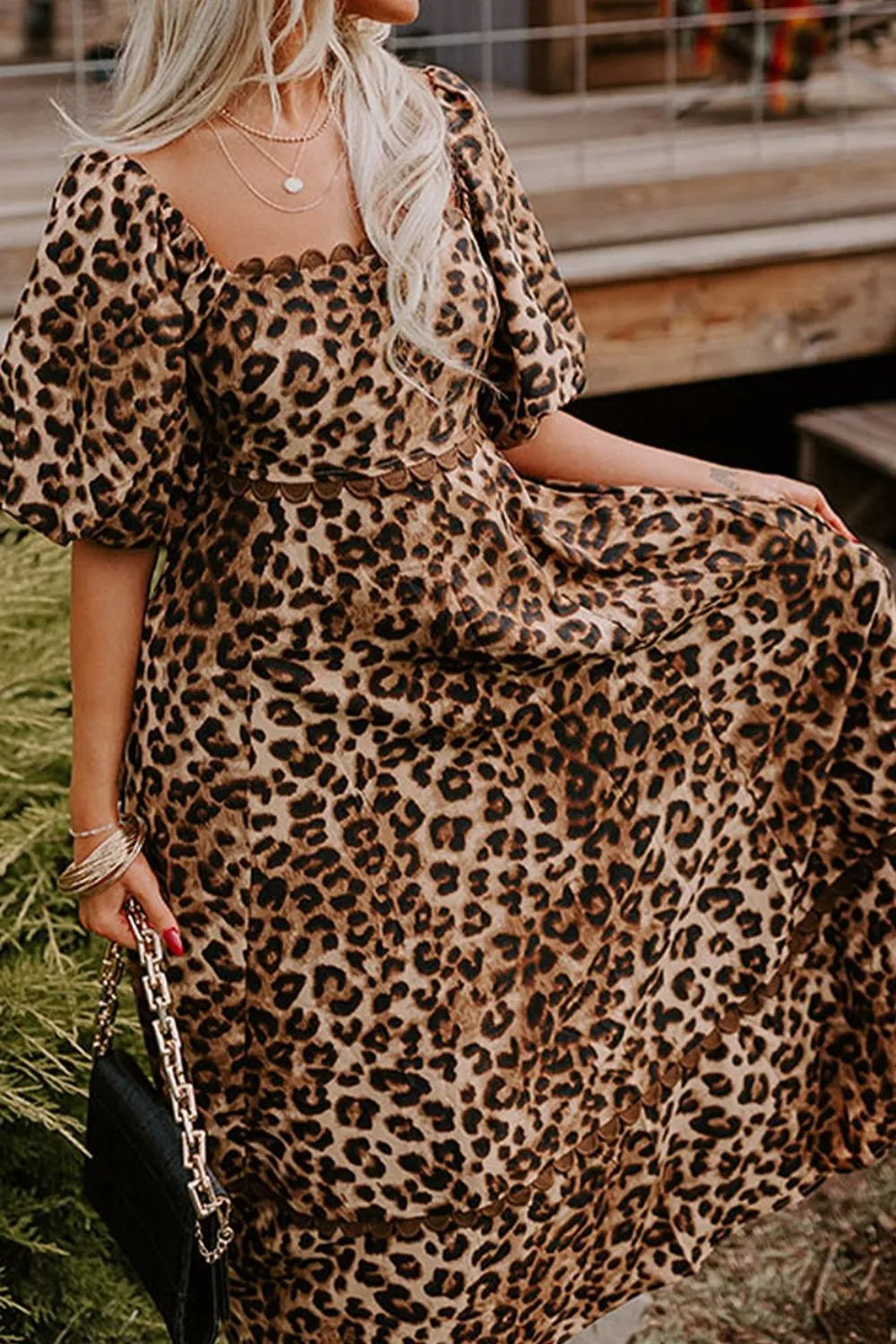 Tiered, pleated ruffled, pocketed, short puff sleeve, off shoulder leopard print, square neck, unlined, opaque, slightly stretchy, maxi dress front view