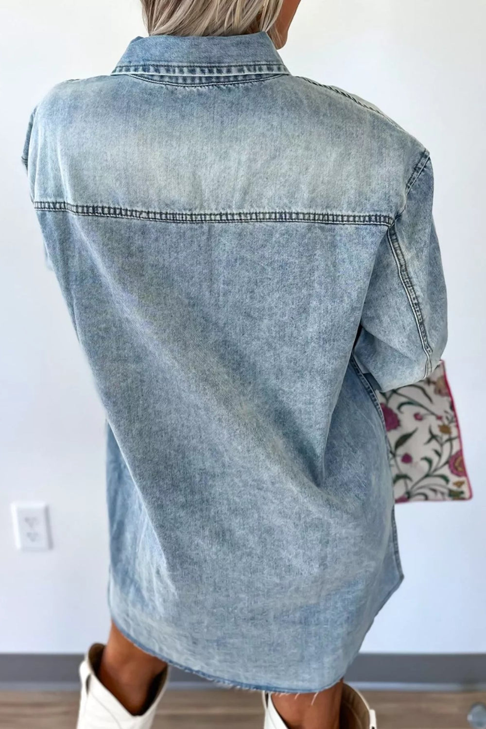 Mini dress, denim, long sleeve, drop sleeve, snaps, front patch pockets, collared neck, a-line, no stretch, back view