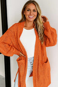 Cardigan, long sleeve, drop shoulder, open front, cable-knit, side slit, openwork, no buttons, pocketed, stretchy front view
