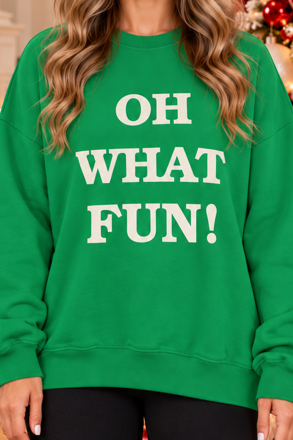 Shop the Oh What Fun Graphic Sweatshirt in vibrant green with white  lettering. 