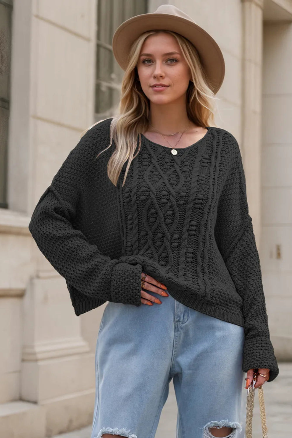 Sweater, pullover, long sleeve, drop shoulder, exposed seam, cable-knit, wide neck, stretchy front view