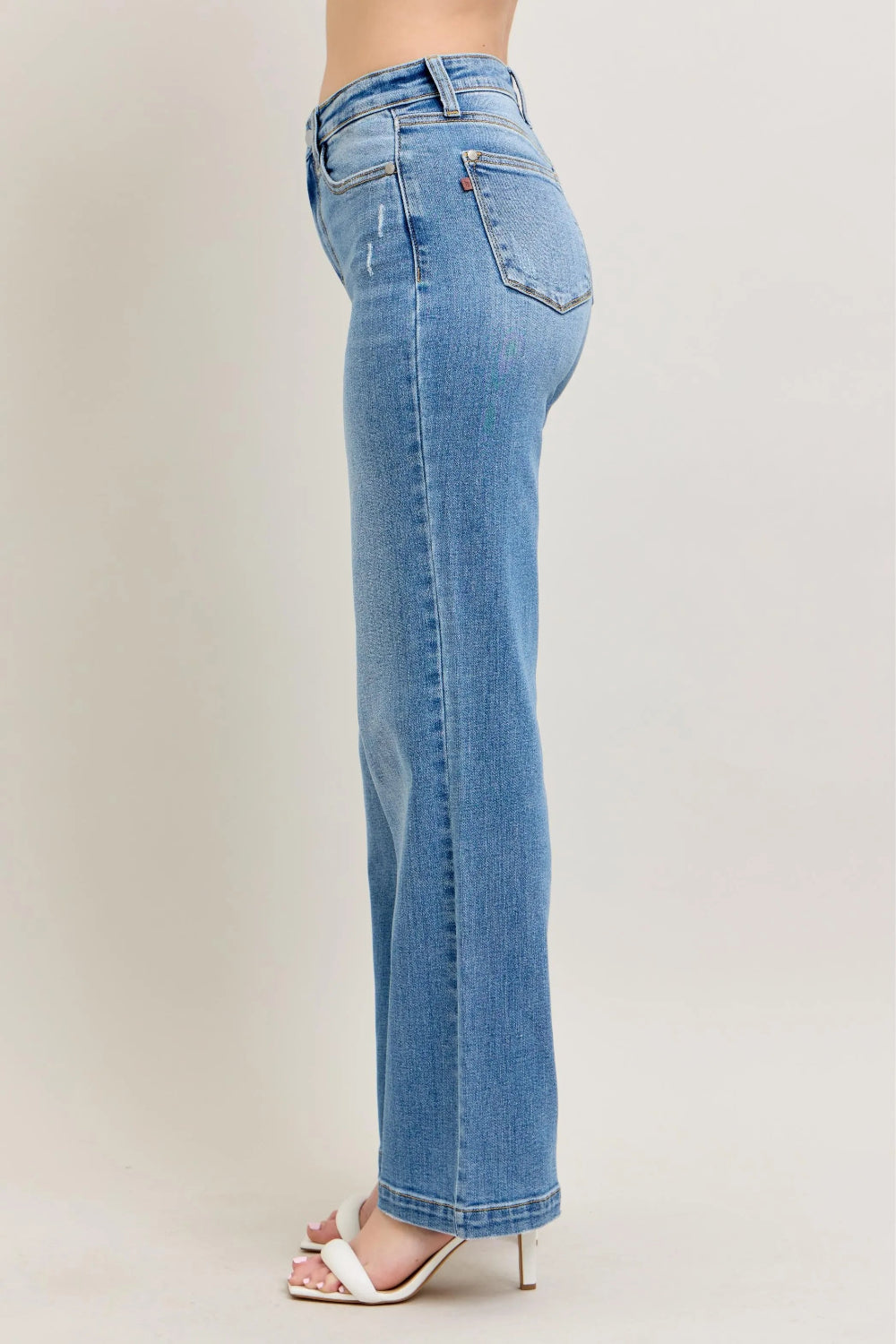 Judy Blue Jeans, full-size, high-rise, medium wash, straight let, 5 pocket, slightly stretchy side view