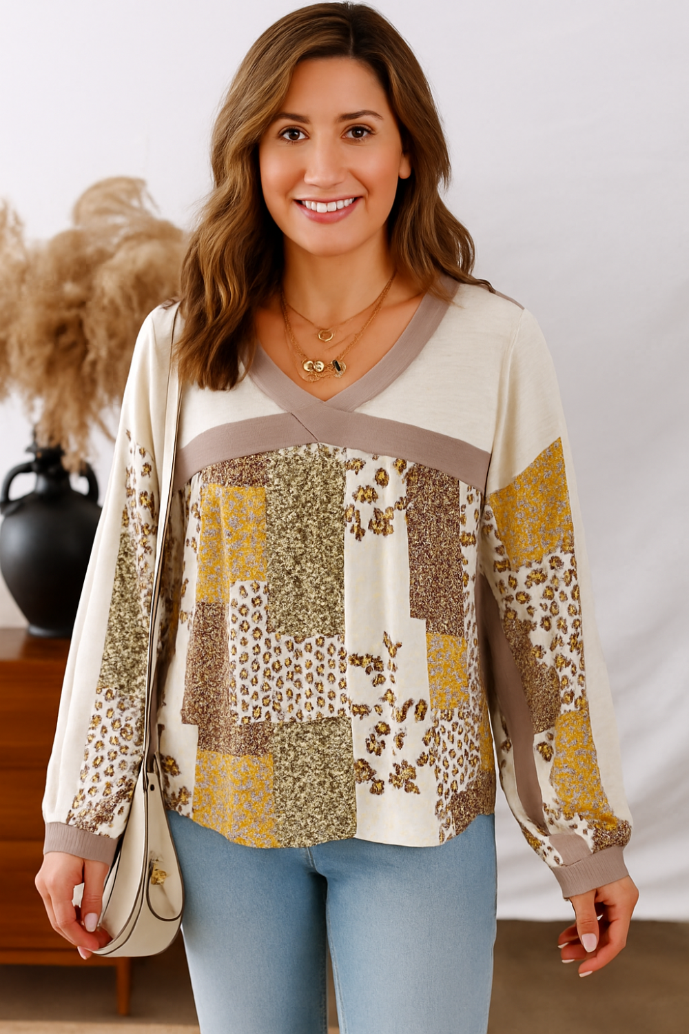 Top, pullover, long sleeve, v-neck, patchwork, floral print, contrast trim, baby doll style, no stretch, front view