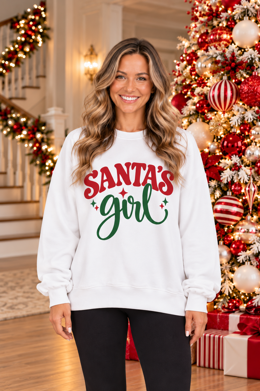 Front view Santa's Girl Graphic Sweatshirt in vibrant red with green stars and charming winter lettering.