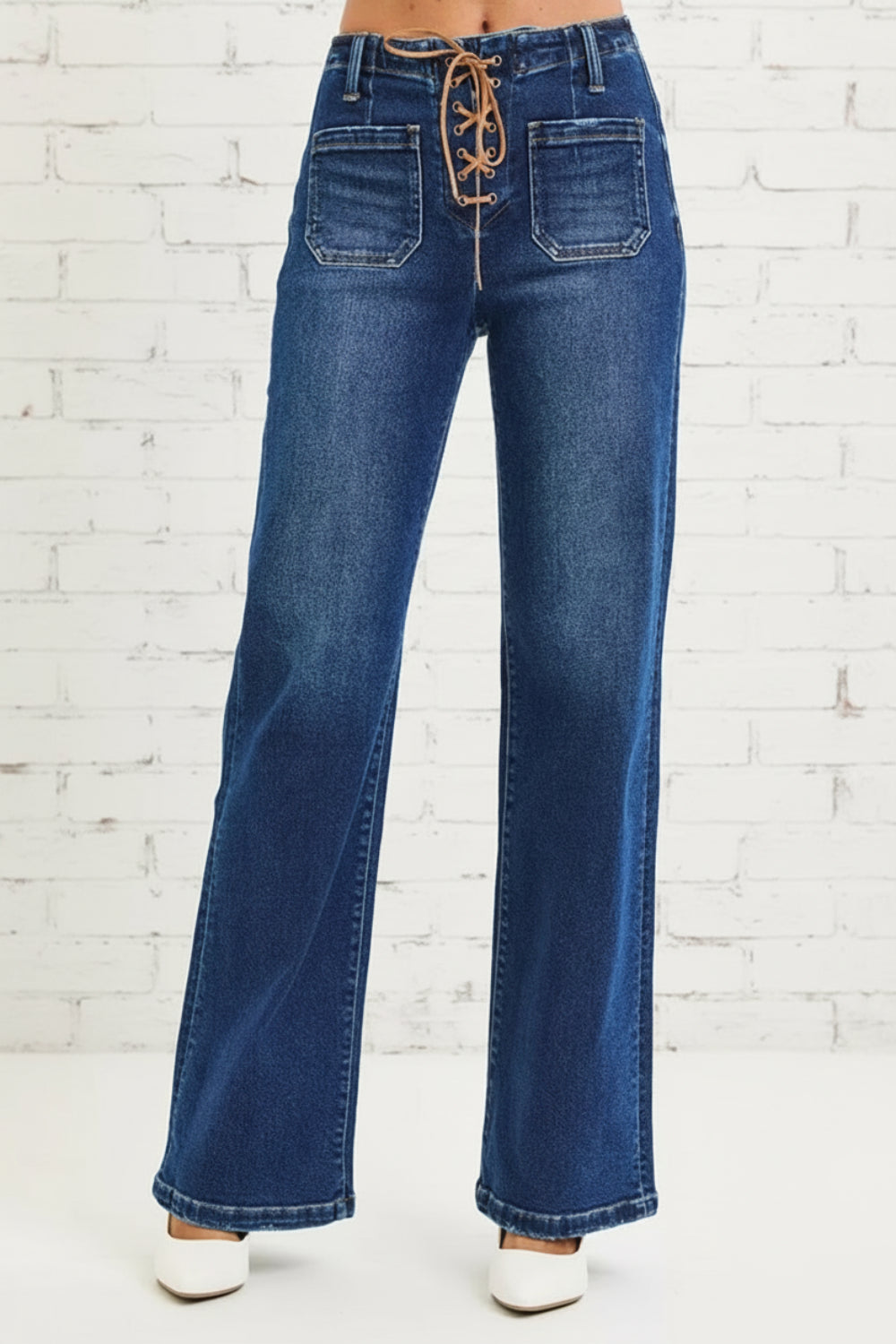 Risen Jeans, full-size, high-rise, wide leg, lace up closure, front patch pockets, back pockets, belt loops, dark wash, slightly stretchy, front view