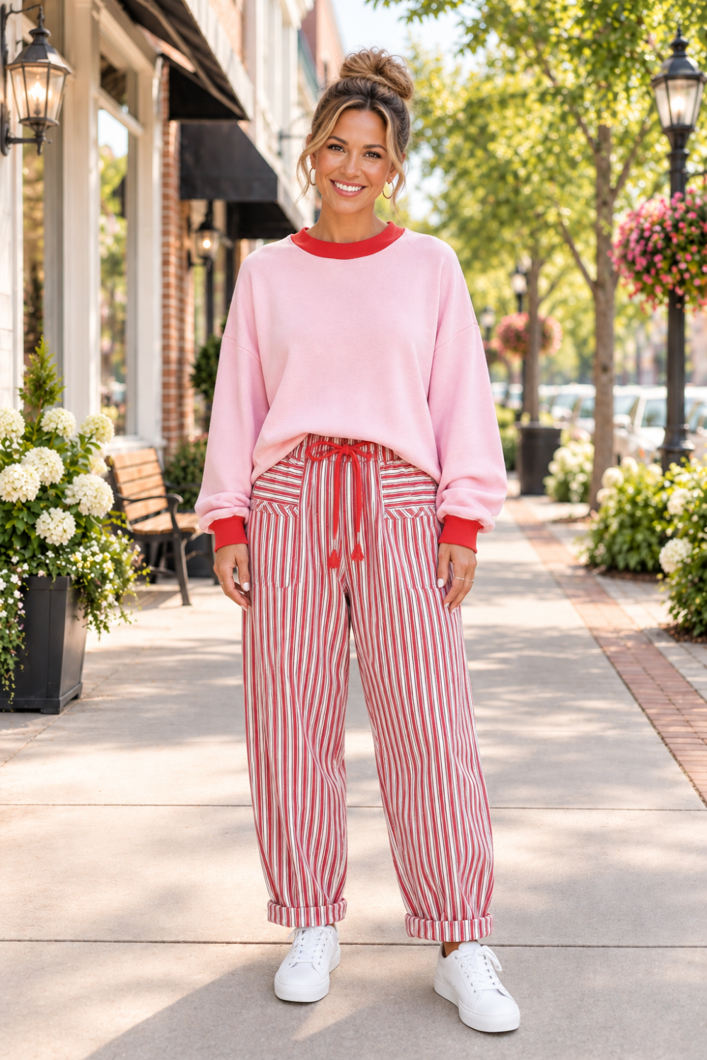 * Pants 
* High-waist
* Striped
* Elastic waist
* Drawstring
* Pocketed
* Pleated
* Loose fit
* Wide-leg
* No stretch