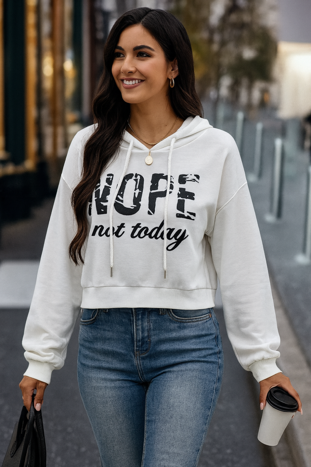 Hoodie, white, graphic design, long sleeve, drop shoulder, cropped, drawstring, no stretch, front view