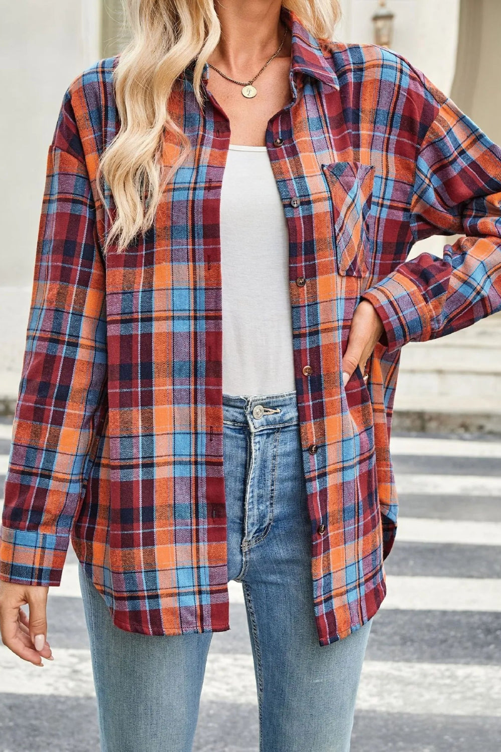 Shirt, long sleeve, collared, plaid print, buttoned, pocketed, oversized, no stretch, front view