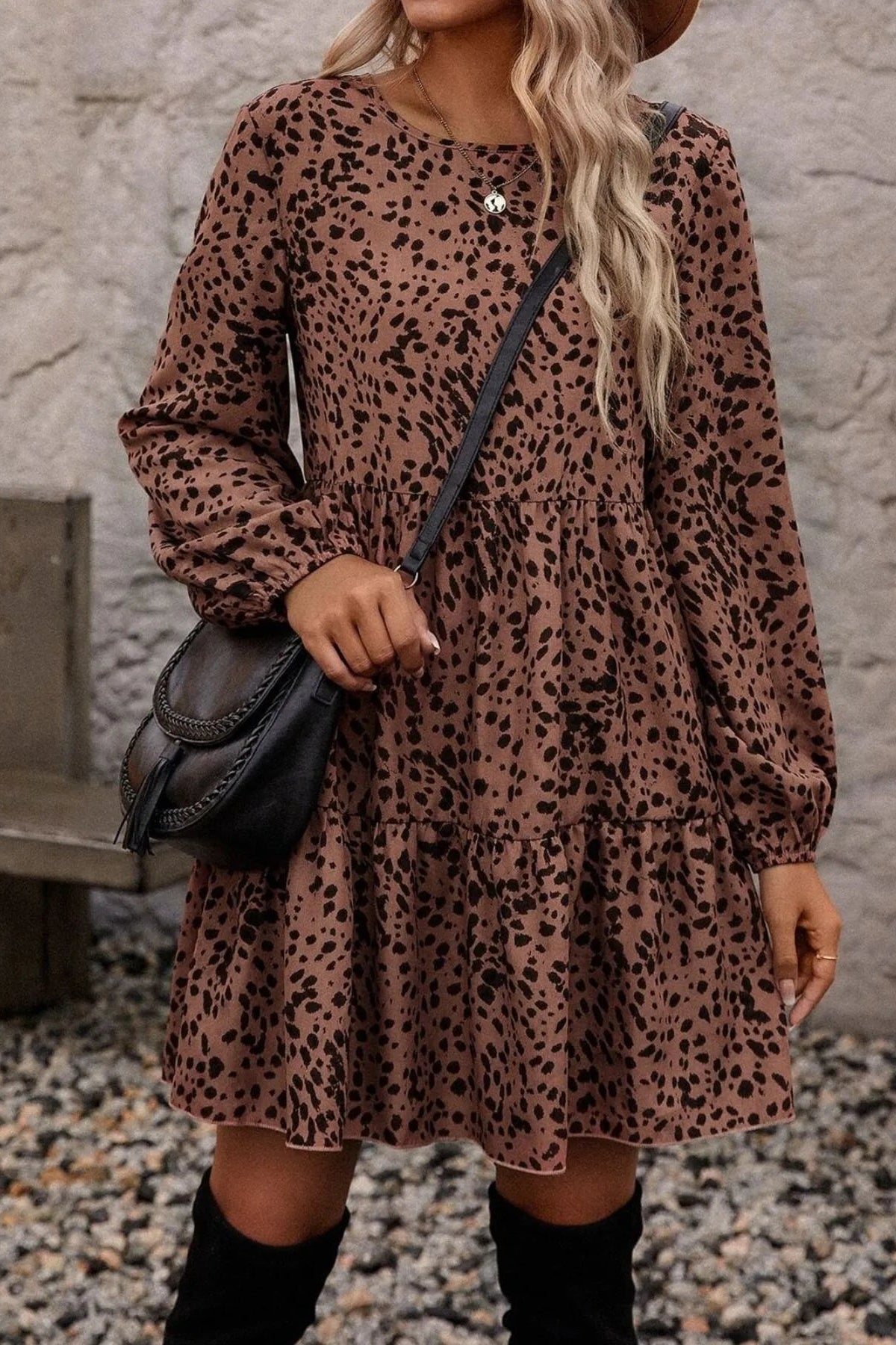 Mini dress, leopard print, long sleeve, ruffled, ruched, keyhole closure, unlined, no stretch, front view