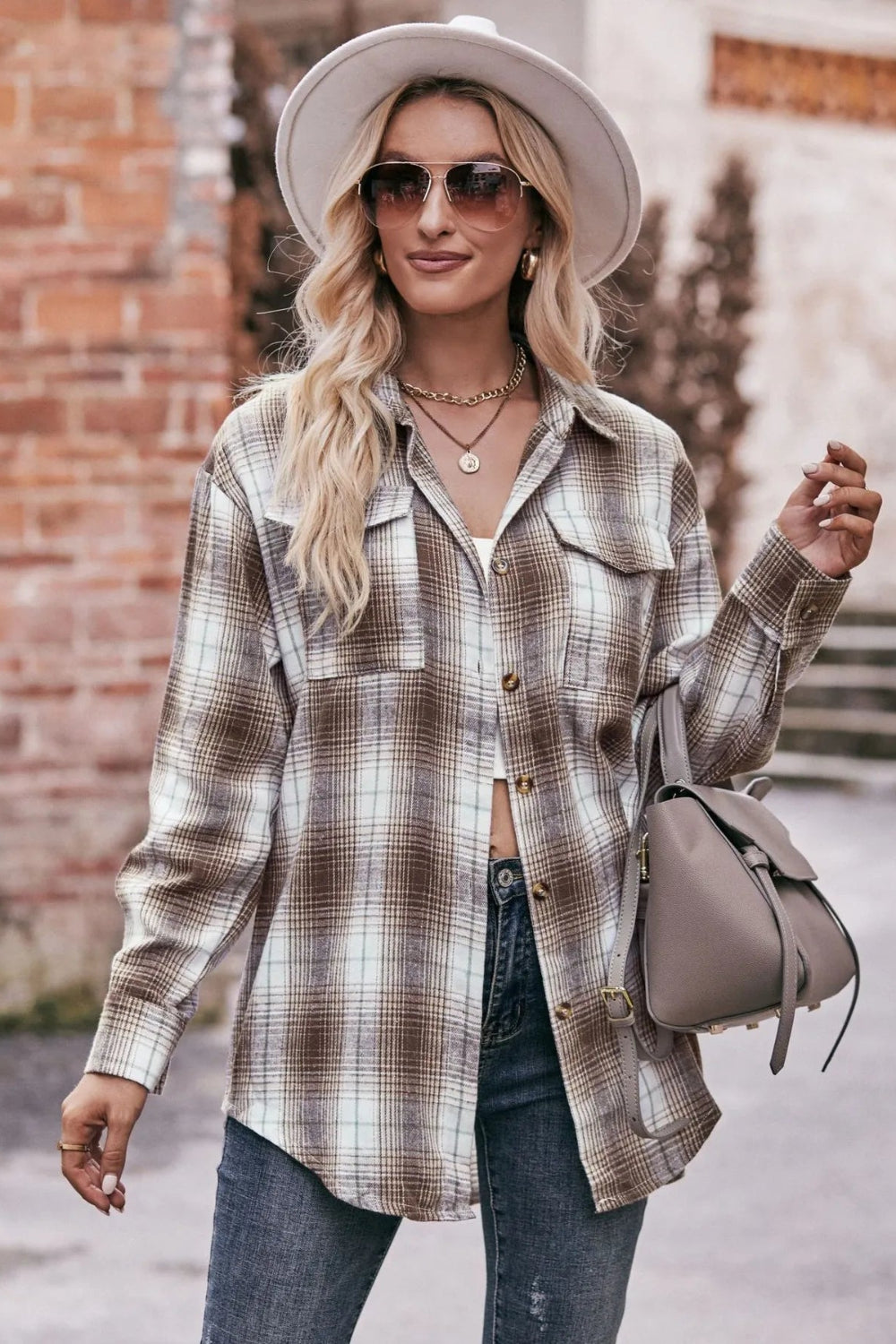 Long sleeve shirt, plaid, collared, pocketed, buttoned, oversized, drop shoulder, no stretch, many colors, front view
