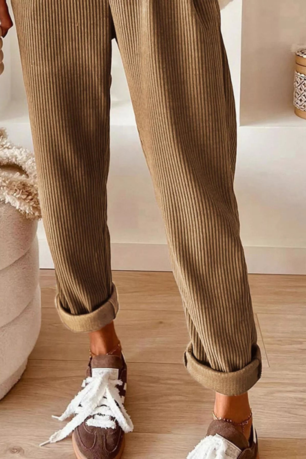 Pants, corduroy, drawstring, pocketed, elastic waist, high-rise, straight leg, no stretch, front bottom view