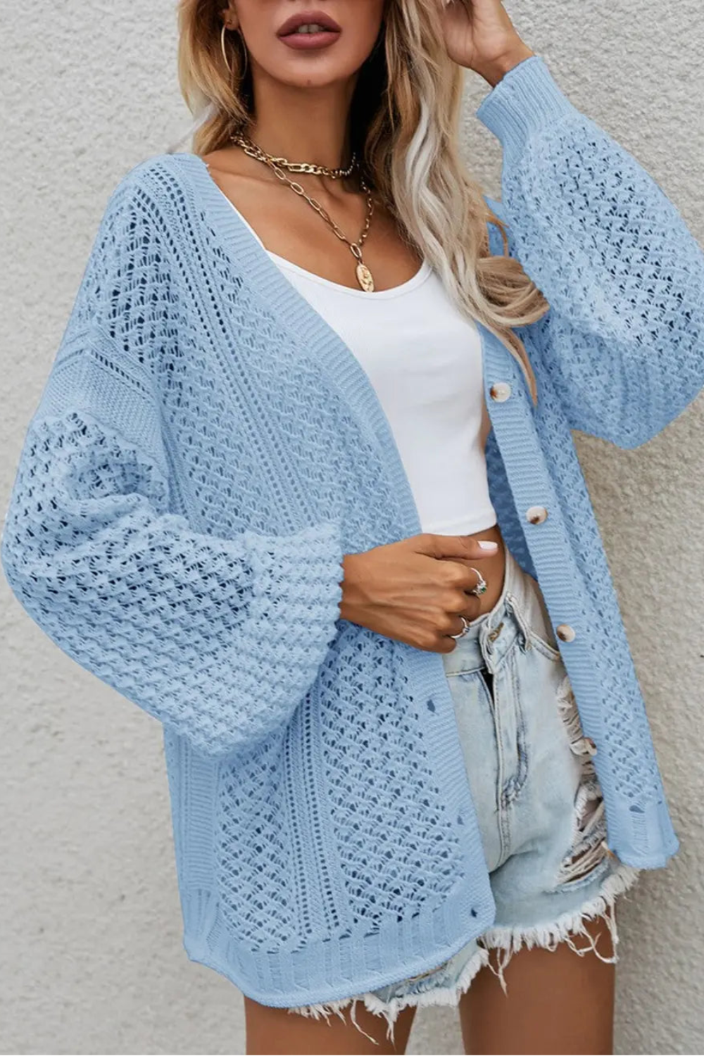 Cardigan, long sleeve, openwork, buttoned, oversized, drop shoulder, stretchy front view