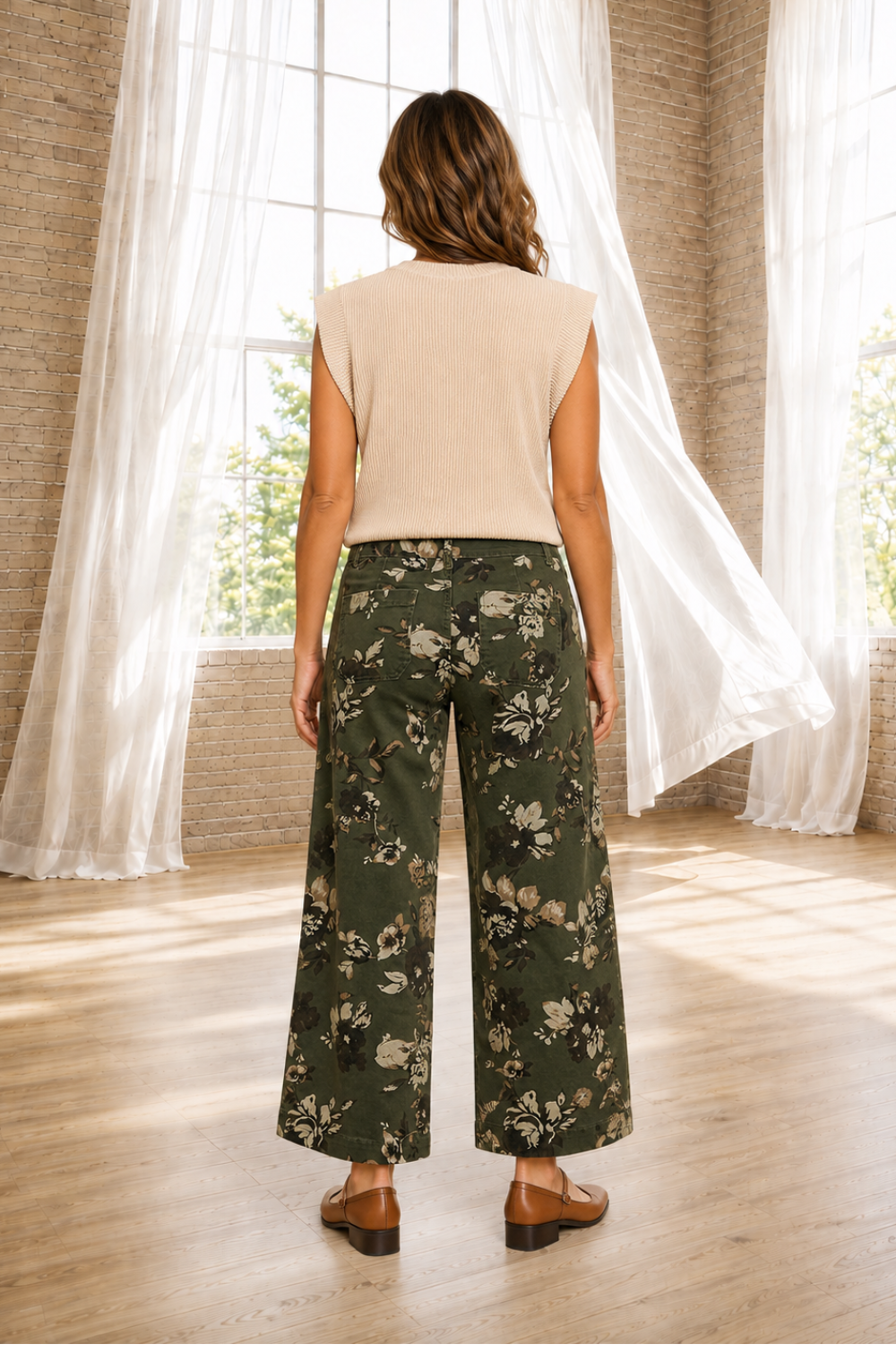 * Vintage style jeans
* Floral print
* High rise
* Wide leg
* Button/zipper closure
* Belt loops
* Front patch pockets
* Back pockets
* Slightly stretchy