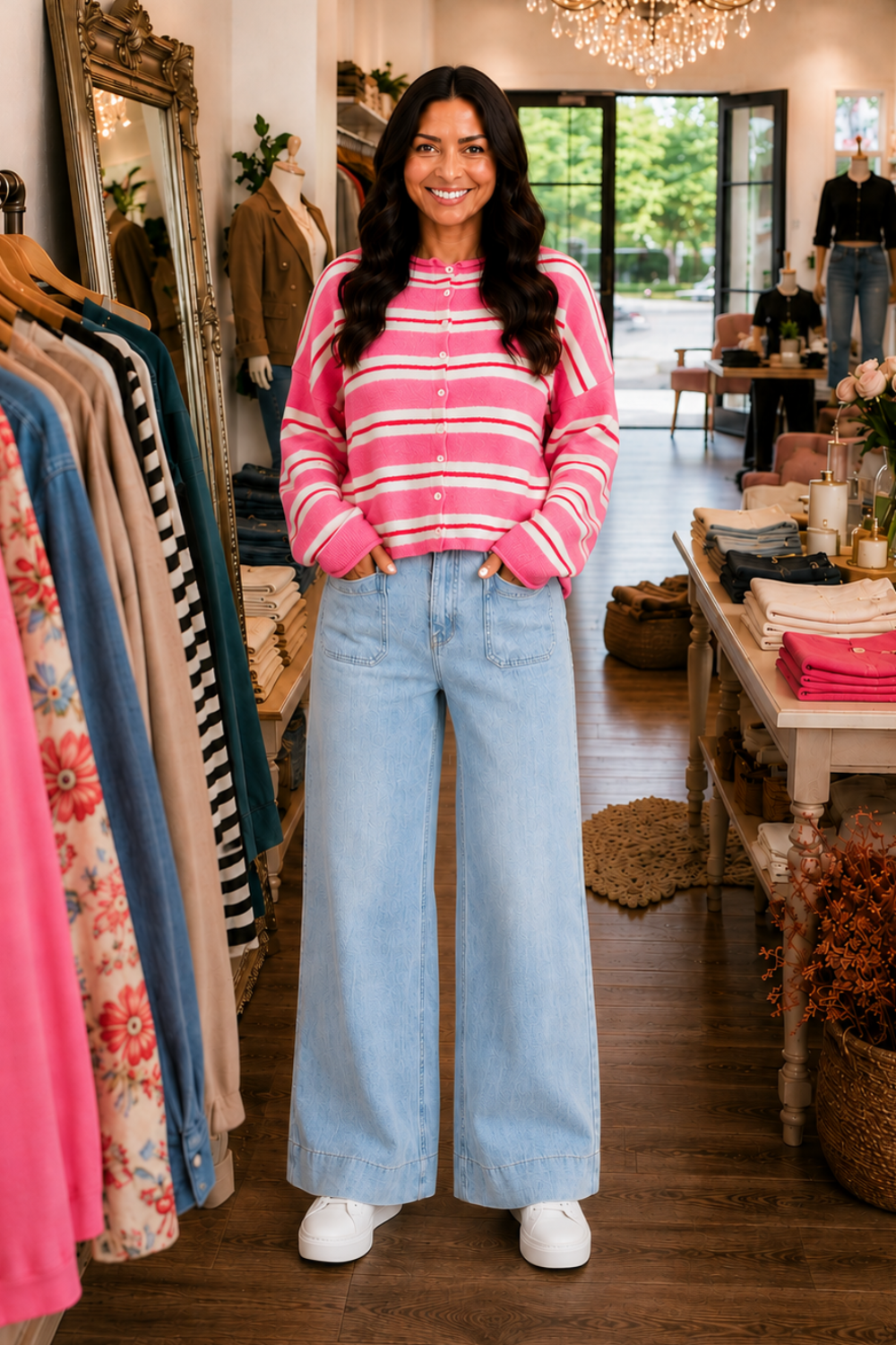 The model is wearing light wash, wide-leg jeans with a button and zipper closure, belt loops, elastic waistband in back, front patch pockets, back pockets, with no stretch.