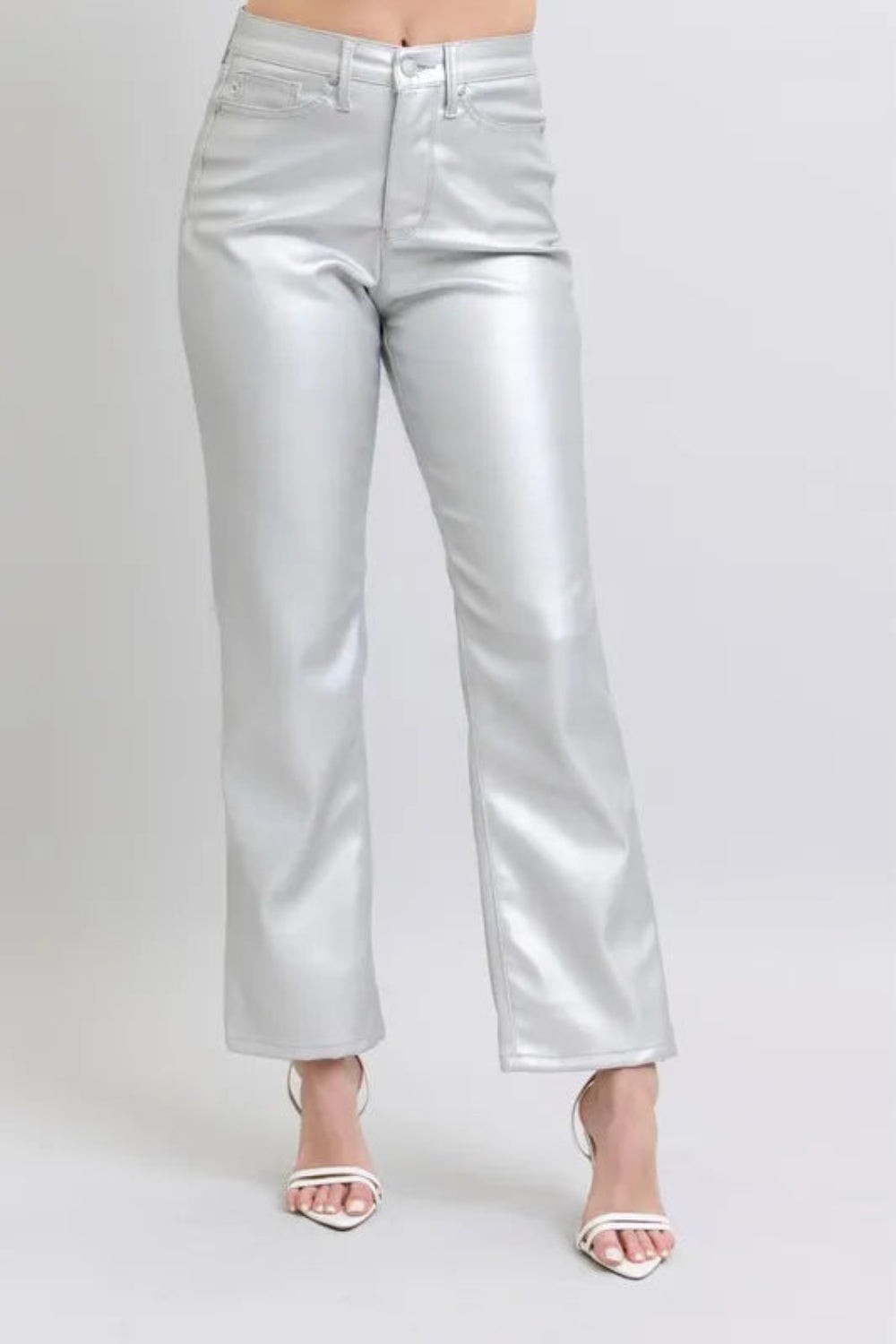 Judy Blue Pants, full-size, high-rise, tummy control, faux leather, straight leg, pocketed, brad detail, some stretch front view