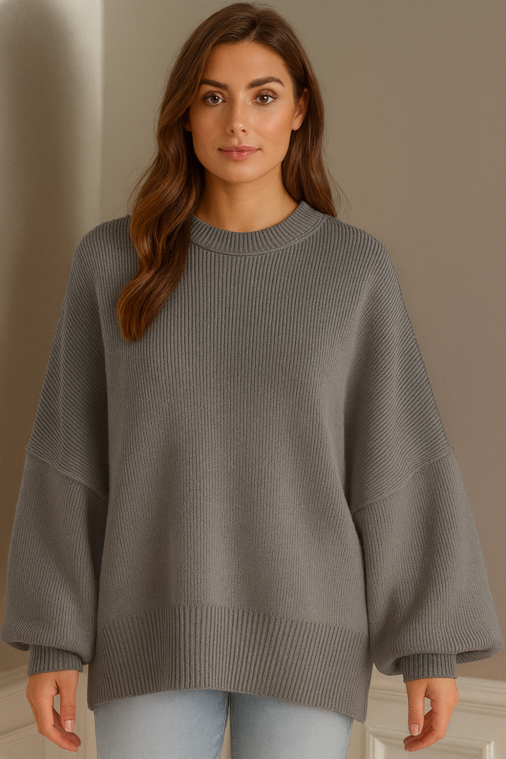 Sweater, oversized, drop shoulder, round neck, exposed seam, long, side slit, ribbed, stretchy front view
