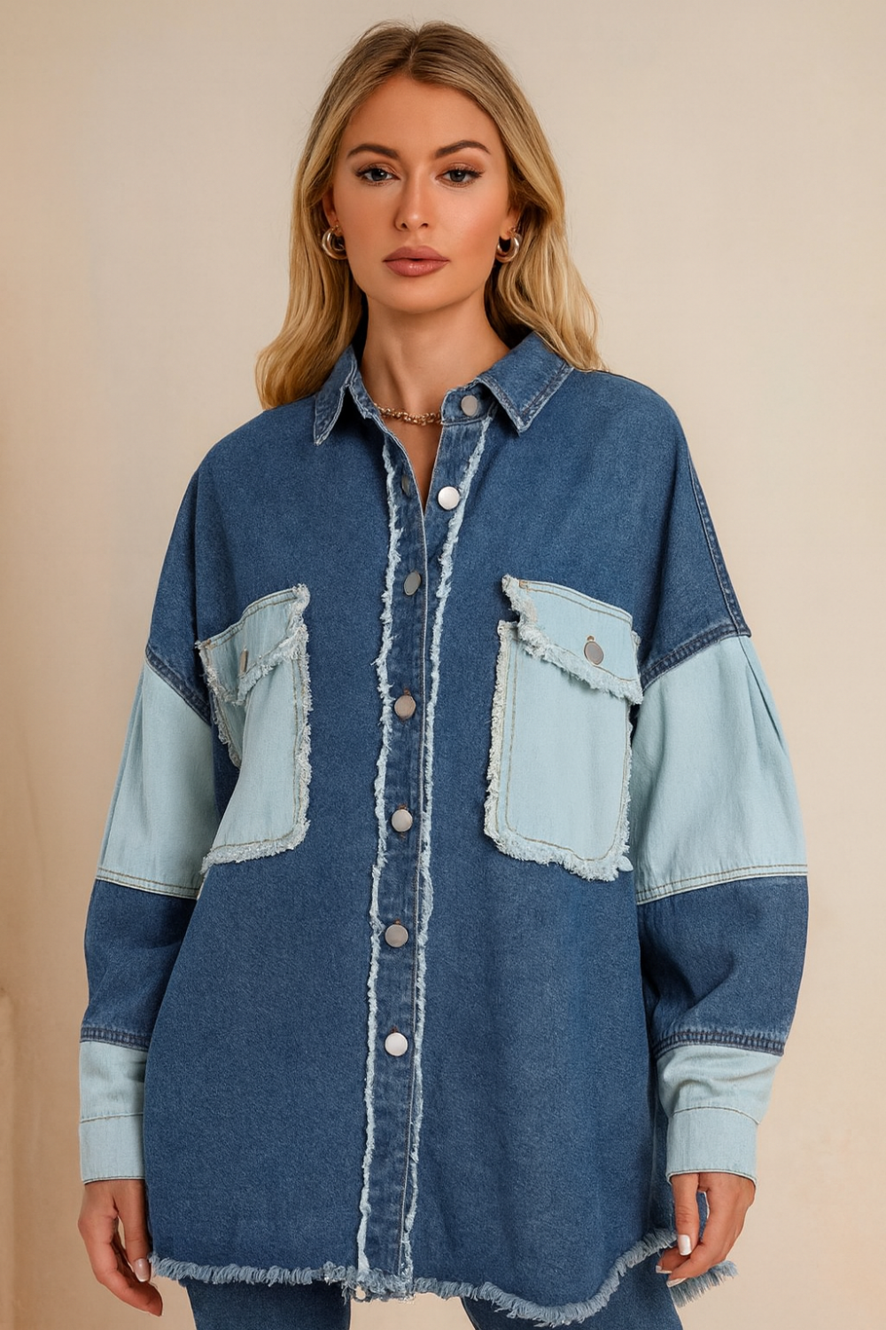 Denim jacket, colorblock, button down, raw hem, pockets, collared, no stretch, exposed seams front view