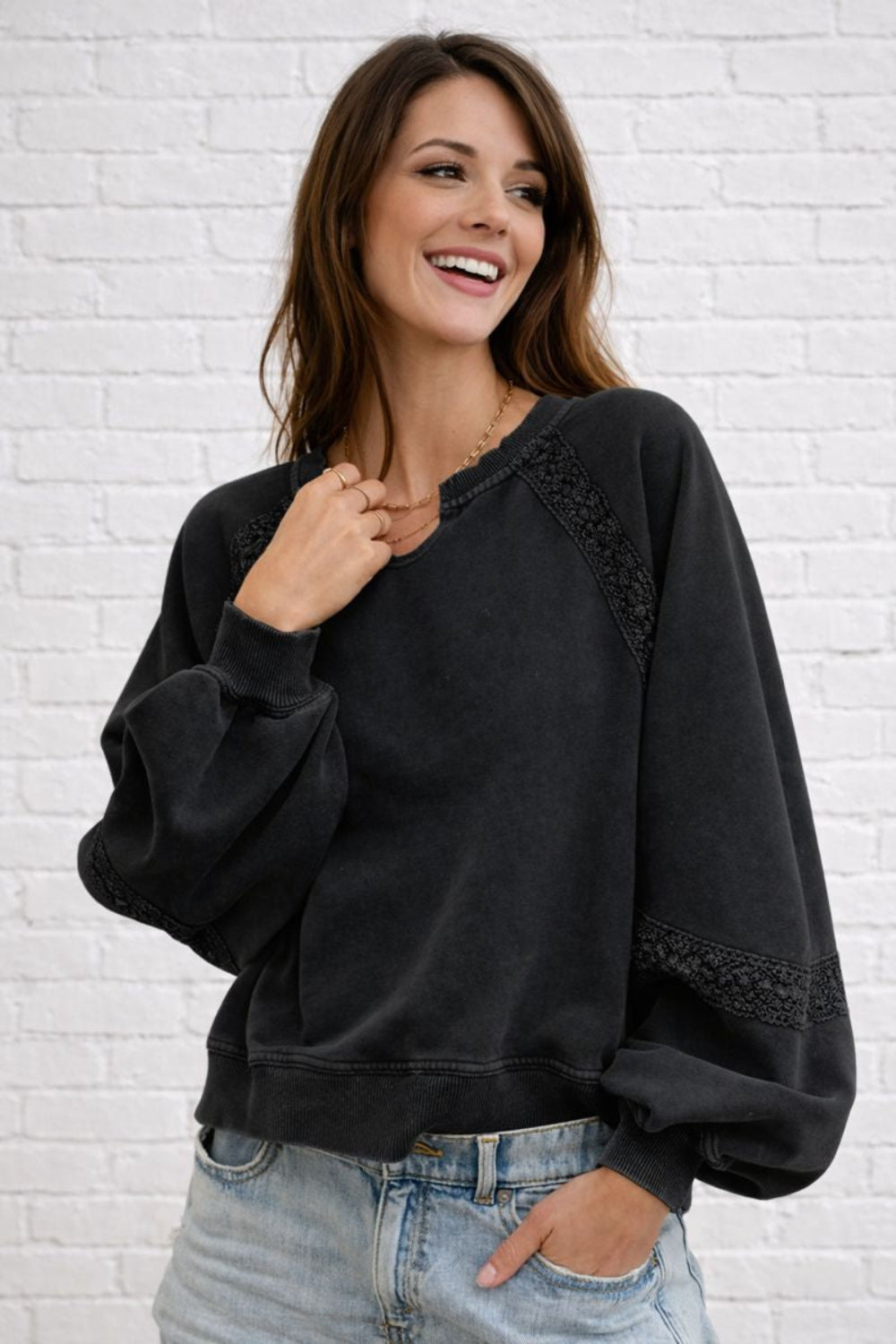 sweatshirt, washed, pullover, long sleeve, notched neck, raglan style, lace detail, oversized, slightly stretchy, front view