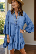 mini dress, notched, flare sleeve, tiered, ruffled, no stretch, denim, medium wash front view