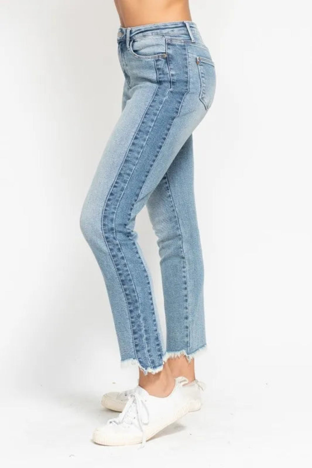 Judy Blue Jeans, full-size, vintage wash, frayed hem, side panel detailing, slim fit, 5-pocket detailing, belt looped, button/zipper closure, slightly stretchy, side view