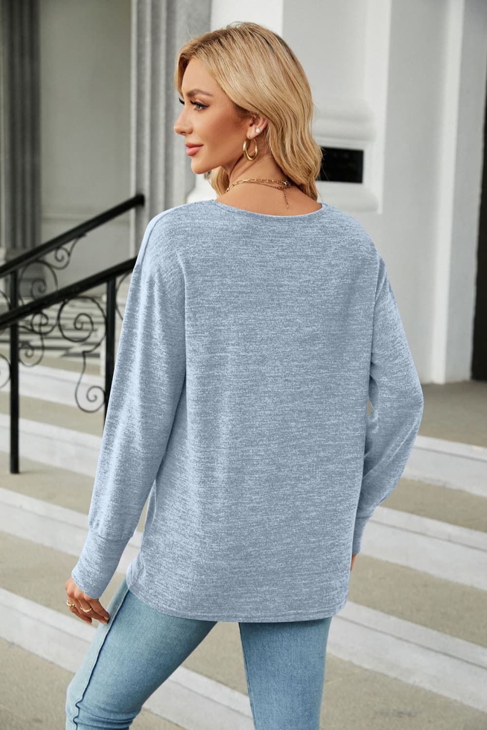 t-shirt, pullover, long sleeve, v-neck, opaque, slightly stretchy, back view