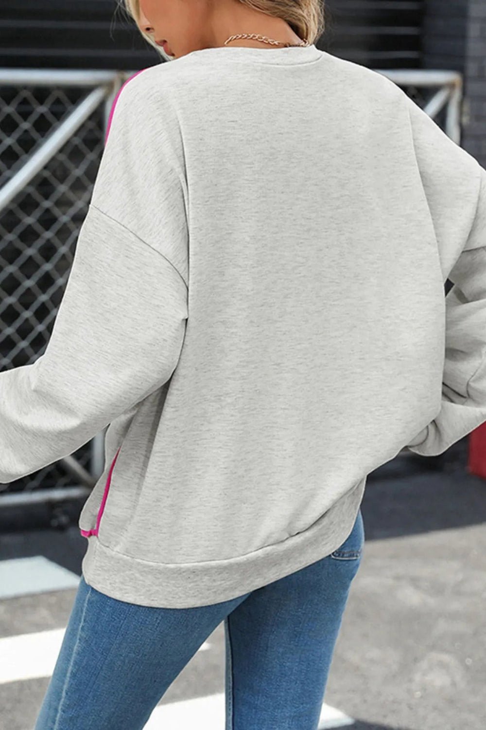 Sweatshirt, long sleeve, pullover, round neck, contrast piping, slightly stretchy, back view