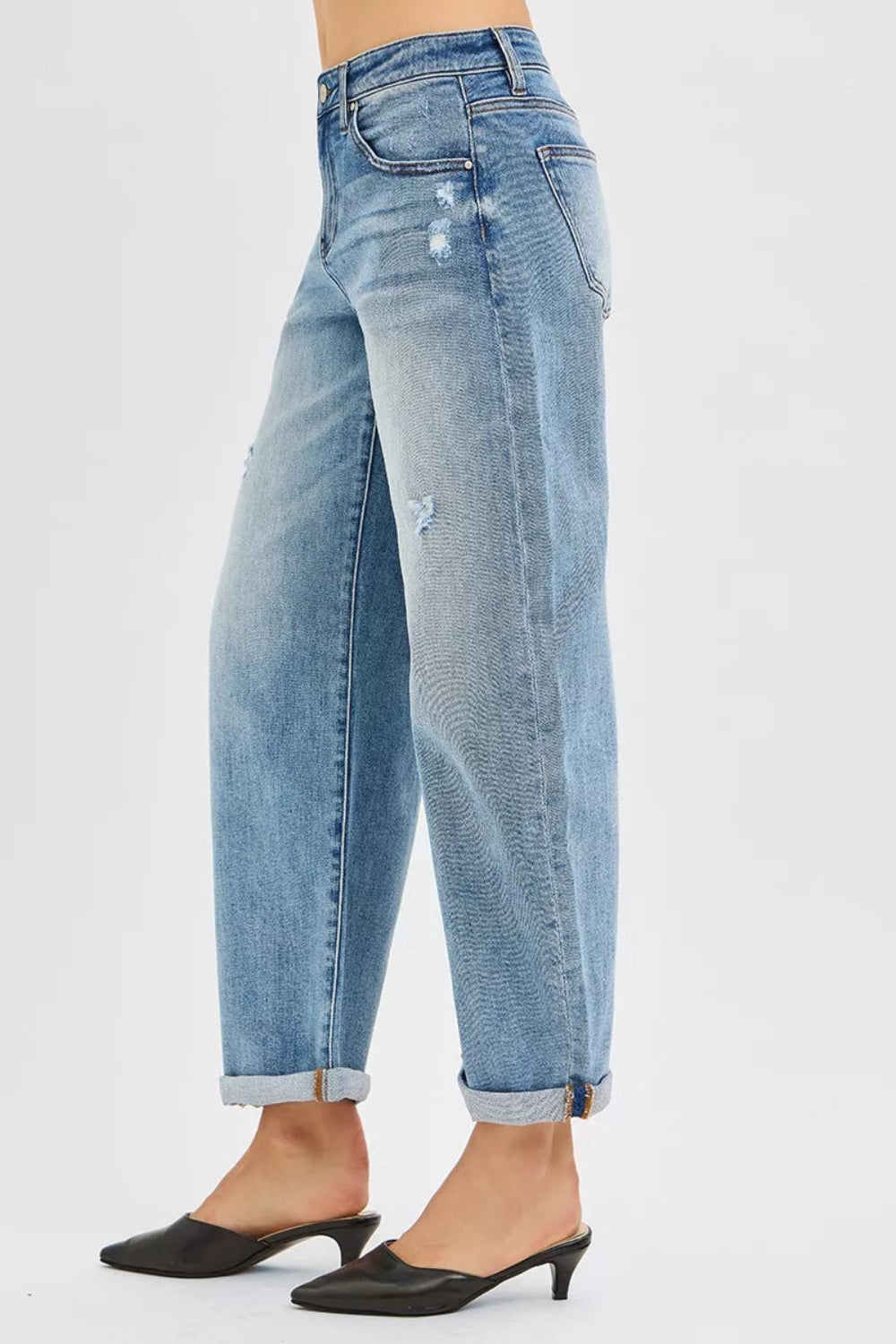 Risen Jeans, full-size, mid-rise, slouchy, ankle length, barrel, cuffed, distressed, belt loops, pocketed, button/zipper closure, medium wash, slightly stretchy, side view
