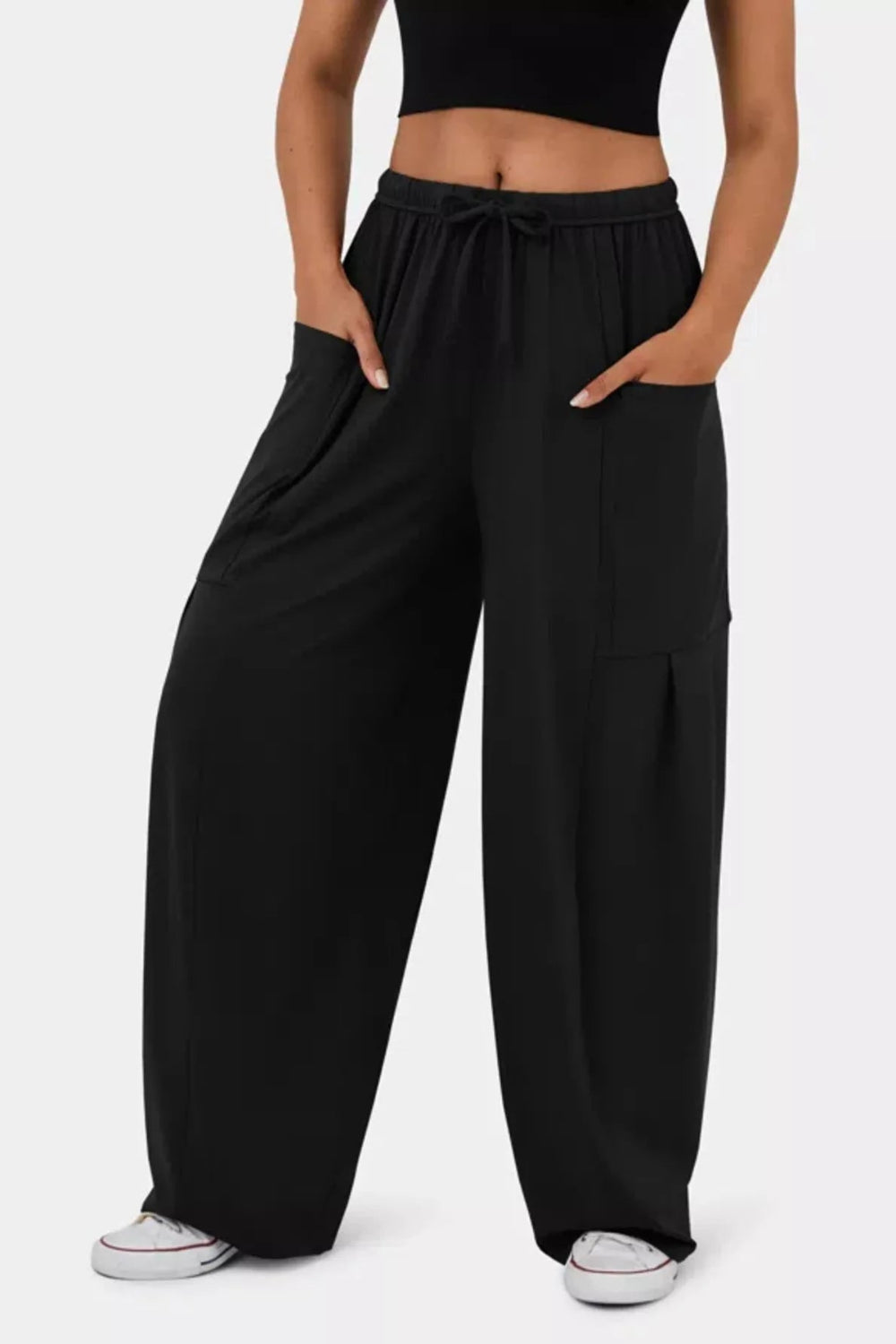 Pants, wide leg, drawstring waist, high-waist, pocketed, pleated at pockets, long, stretchy, front view
