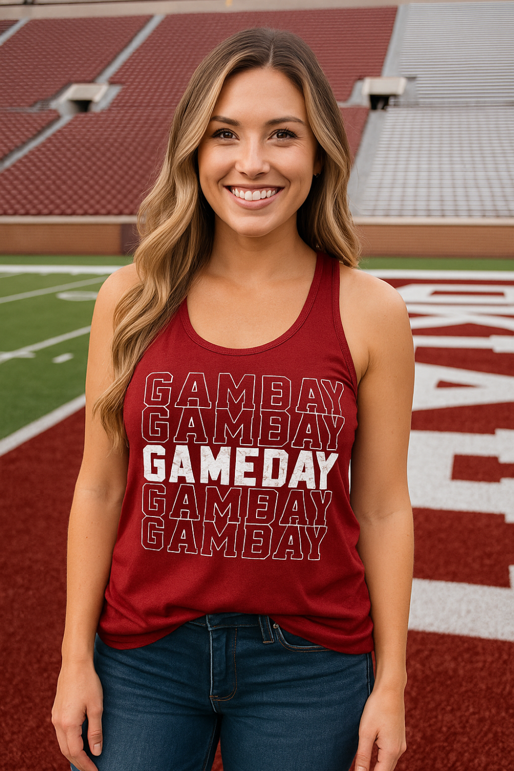 Graphic tank, racer back, long, scoop neck, gameday repeat graphic, slightly stretchy, front view
