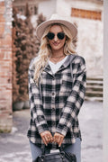 Plaid shacket, hoodie, drawstring, long sleeve, drop shoulder, buttoned, front patch pocket, pleated and buttoned cuffs, rounded hem, unlined, lightweight, no stretch, front view