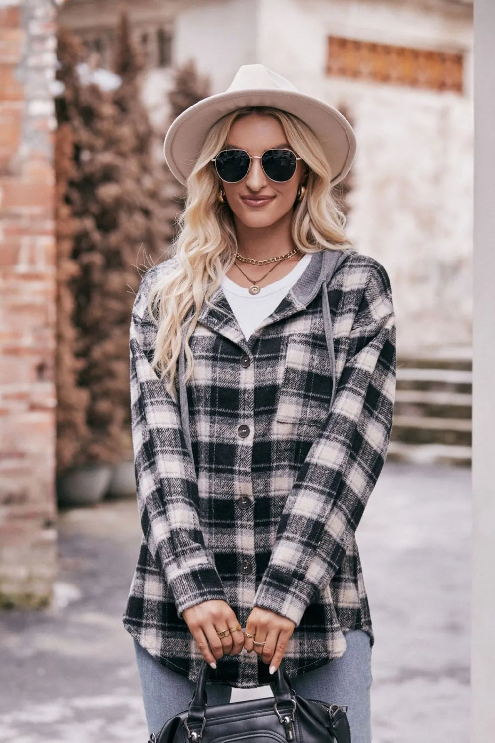 Plaid shacket, hoodie, drawstring, long sleeve, drop shoulder, buttoned, front patch pocket, pleated and buttoned cuffs, rounded hem, unlined, lightweight, no stretch, front view